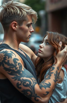 A young man around 24 years old with light hair and dark eyes, adorned with tattoos on his arms and body, is holding a 22-year-old girl by the neck, looking down at her with intensity