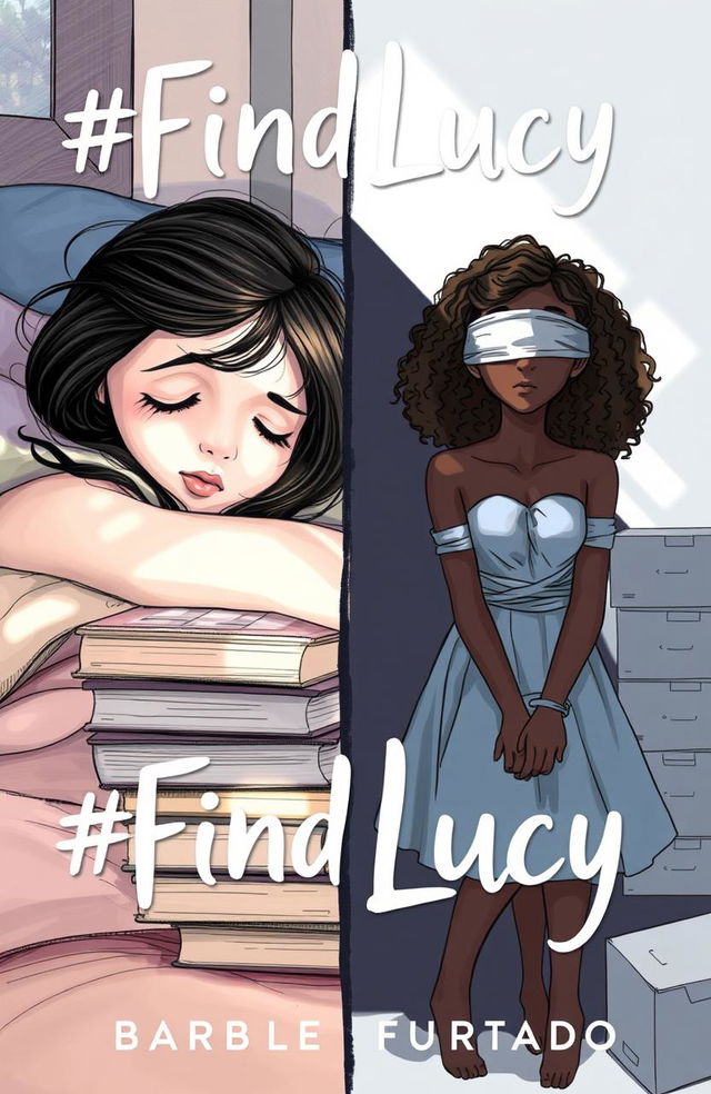 A professional sketch depicting a split cover design for a book titled '#FindLucy' by author Barbie Furtado