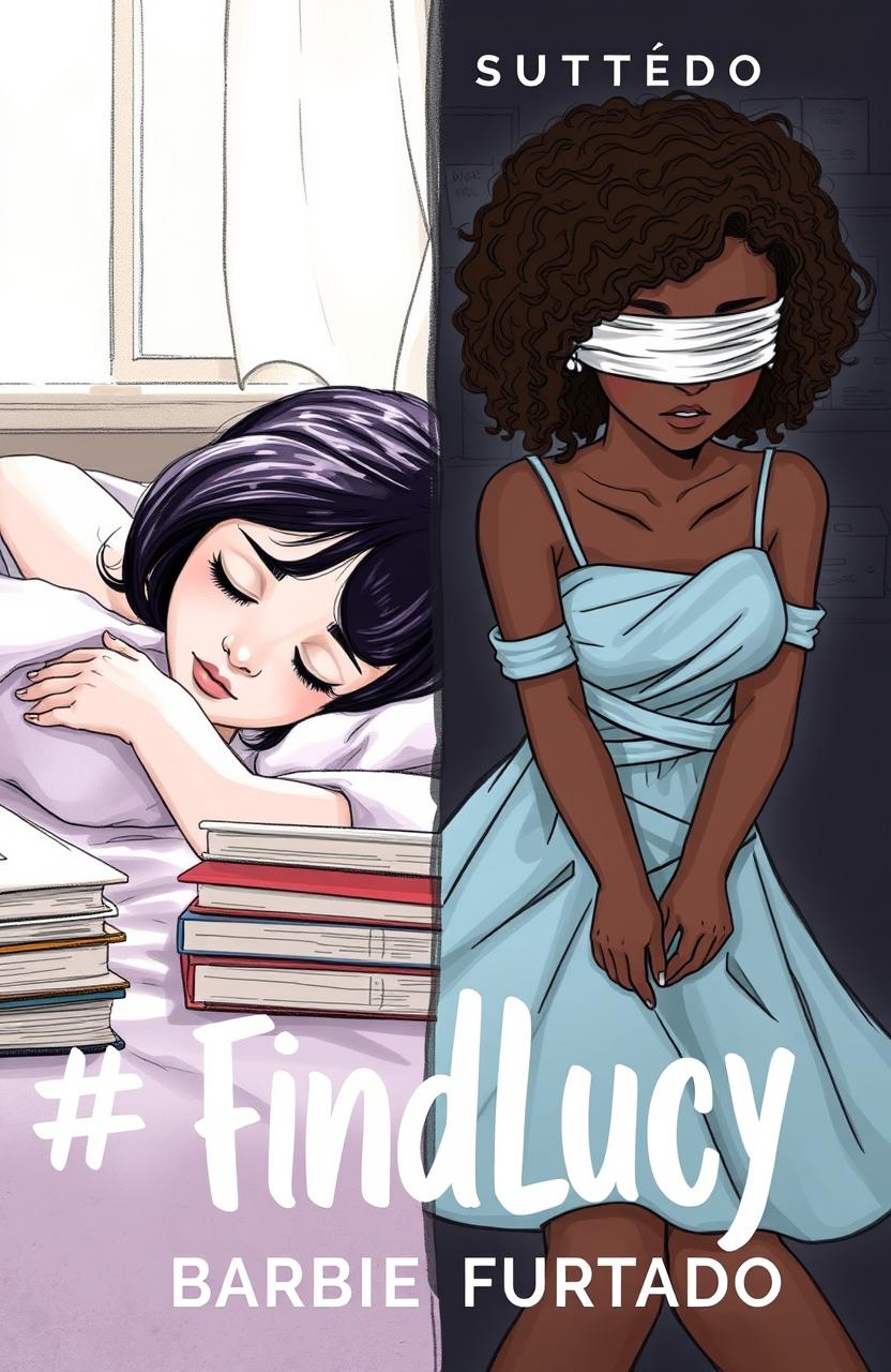 A professional sketch depicting a split cover design for a book titled '#FindLucy' by author Barbie Furtado