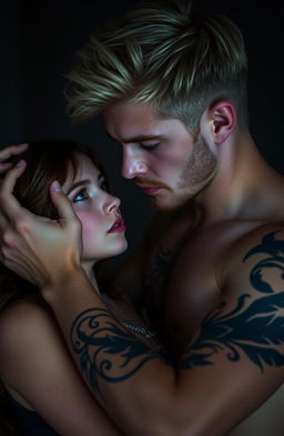 A young man around 24 years old with light blonde hair, dark eyes, and tattoos on his arms and body, with a small beard, is holding a girl by the neck