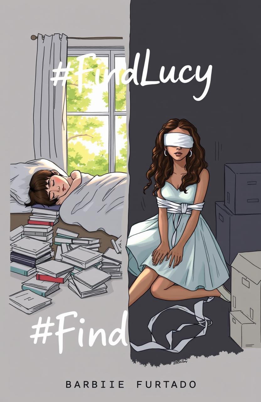 A professional sketch illustration depicting a stark contrast between two scenes for a book cover titled '#FindLucy' by author Barbie Furtado