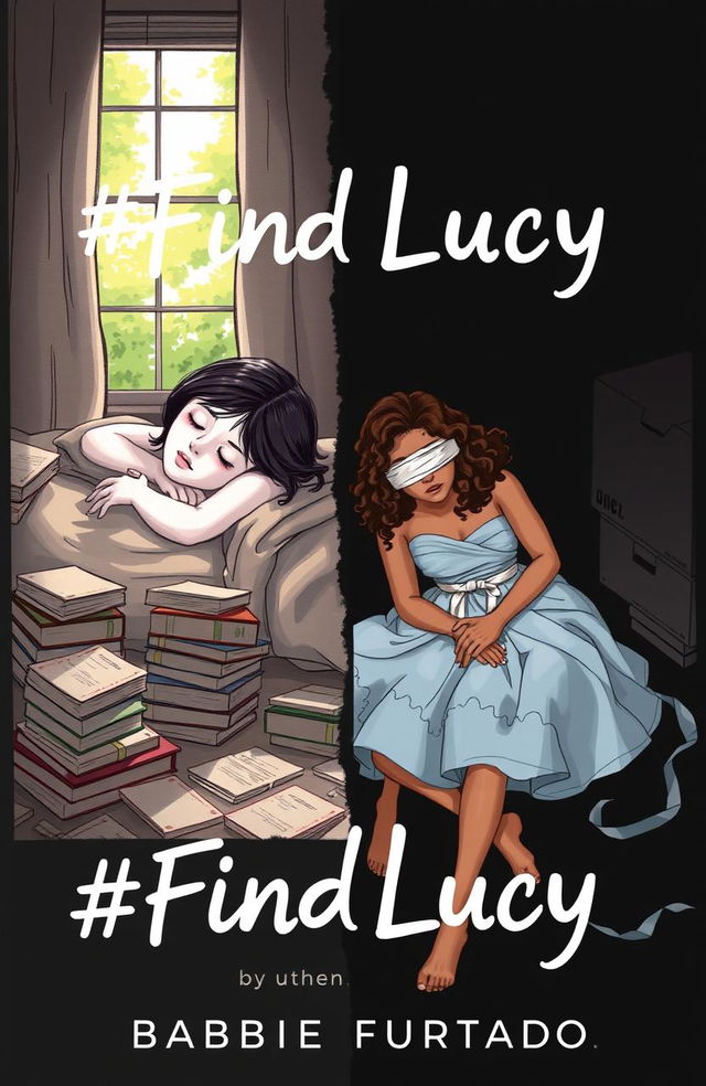 A professional sketch illustration depicting a stark contrast between two scenes for a book cover titled '#FindLucy' by author Barbie Furtado