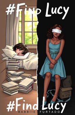 A professional sketch illustration depicting a stark contrast between two scenes for a book cover titled '#FindLucy' by author Barbie Furtado