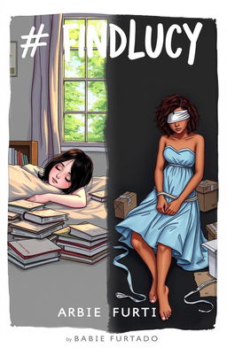 A professional sketch illustration depicting a stark contrast between two scenes for a book cover titled '#FindLucy' by author Barbie Furtado