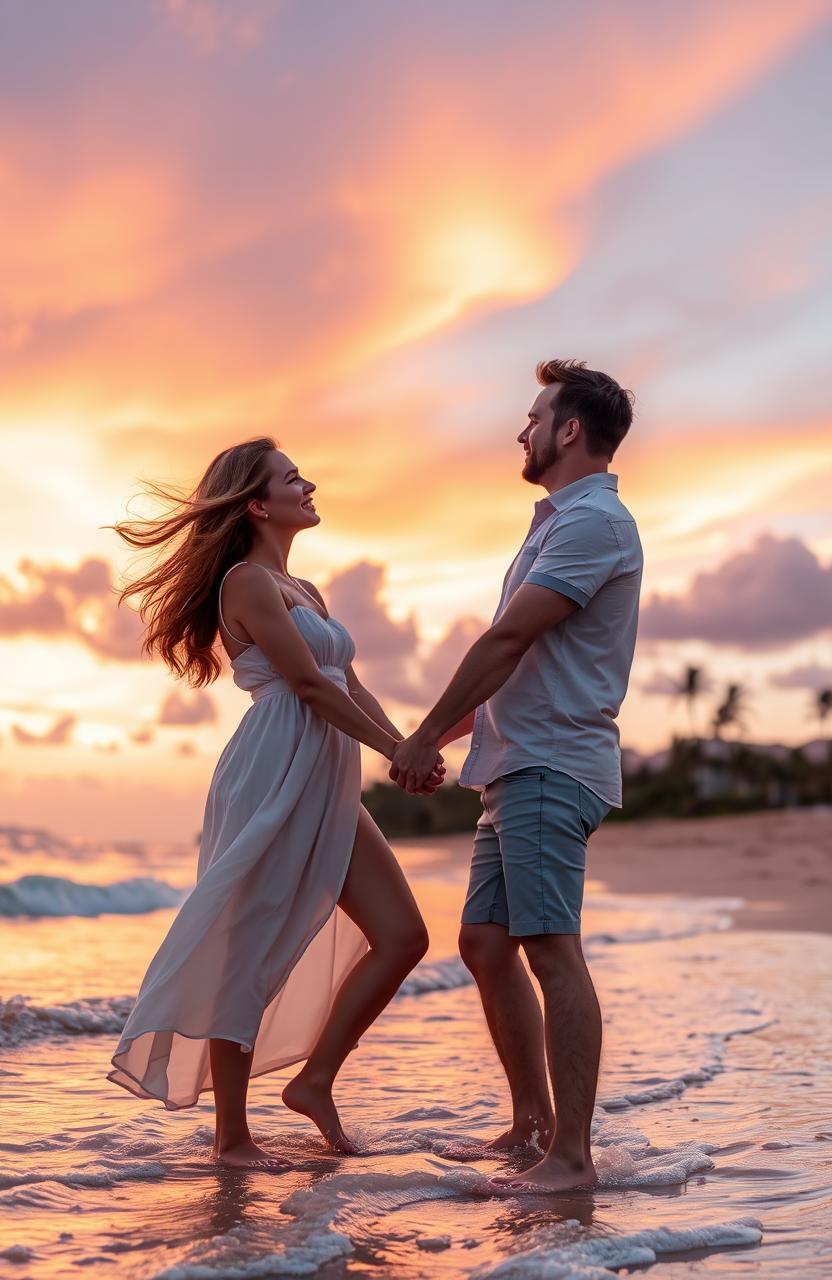 A romantic sunset scene featuring a couple standing on a beach, holding hands as waves gently lap at their feet