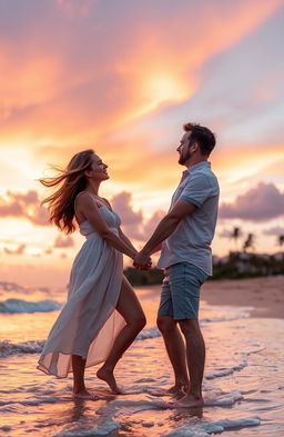 A romantic sunset scene featuring a couple standing on a beach, holding hands as waves gently lap at their feet