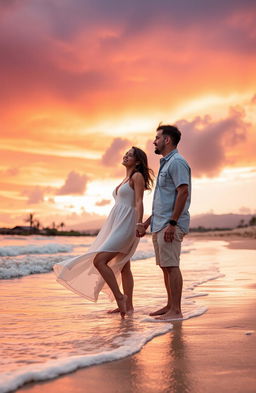 A romantic sunset scene featuring a couple standing on a beach, holding hands as waves gently lap at their feet