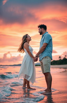A romantic sunset scene featuring a couple standing on a beach, holding hands as waves gently lap at their feet