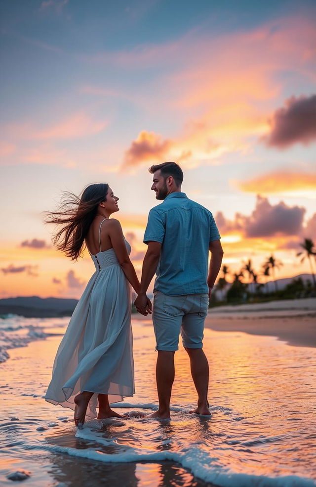 A romantic sunset scene featuring a couple standing on a beach, holding hands as waves gently lap at their feet