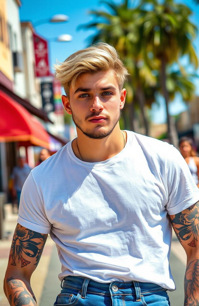 A young man aged 24 with light-colored hair and dark eyes, sporting tattoos on his arms and body