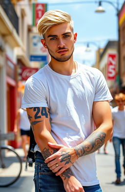 A young man aged 24 with light-colored hair and dark eyes, sporting tattoos on his arms and body