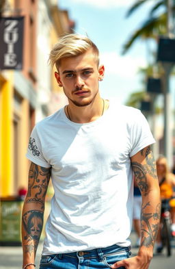 A young man aged 24 with light-colored hair and dark eyes, sporting tattoos on his arms and body