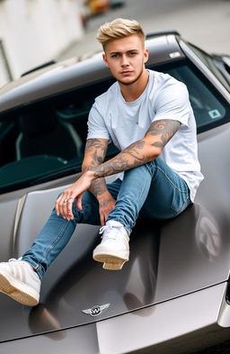 A young man around 24 years old with light hair and dark eyes, adorned with tattoos on his arms and body