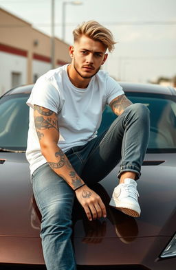A young man around 24 years old with light hair and dark eyes, adorned with tattoos on his arms and body