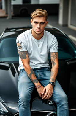 A young man around 24 years old with light hair and dark eyes, adorned with tattoos on his arms and body
