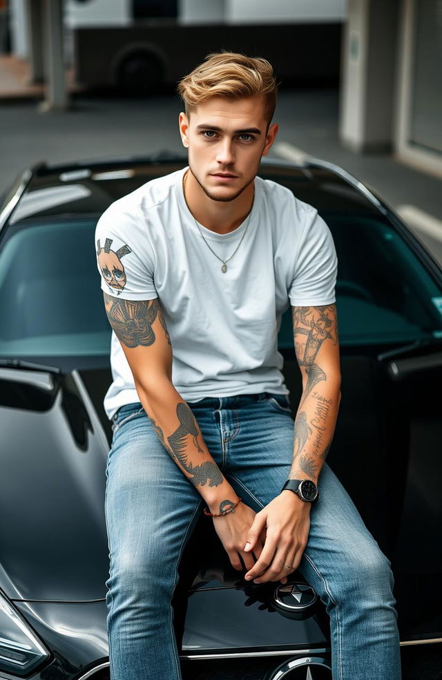 A young man around 24 years old with light hair and dark eyes, adorned with tattoos on his arms and body