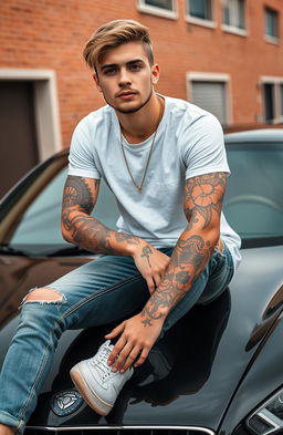 A young man around 24 years old with light hair and dark eyes, adorned with tattoos on his arms and body