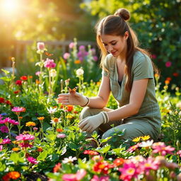 A young woman, embodying a spirit of environmental stewardship, gently tending to a vibrant garden filled with various colorful flowers, lush green plants, and small wildlife