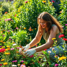 A young woman, embodying a spirit of environmental stewardship, gently tending to a vibrant garden filled with various colorful flowers, lush green plants, and small wildlife
