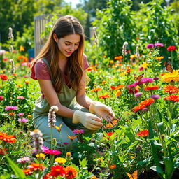 A young woman, embodying a spirit of environmental stewardship, gently tending to a vibrant garden filled with various colorful flowers, lush green plants, and small wildlife