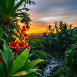 A lush, tropical rainforest in Indonesia during sunset, with vibrant greenery and exotic flowers blooming