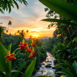 A lush, tropical rainforest in Indonesia during sunset, with vibrant greenery and exotic flowers blooming