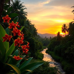 A lush, tropical rainforest in Indonesia during sunset, with vibrant greenery and exotic flowers blooming