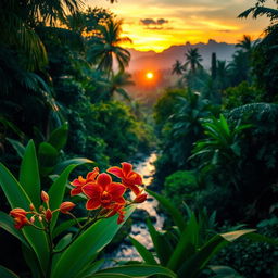 A lush, tropical rainforest in Indonesia during sunset, with vibrant greenery and exotic flowers blooming