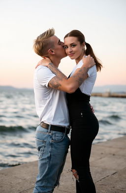 A young man, around 24 years old, stands on a waterfront, wearing jeans and a white t-shirt