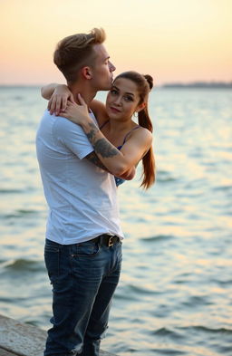 A young man, around 24 years old, stands on a waterfront, wearing jeans and a white t-shirt
