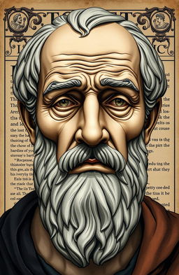 An intriguing literary illustration featuring the face of Aristotle, showcasing deep wrinkles that convey wisdom and experience