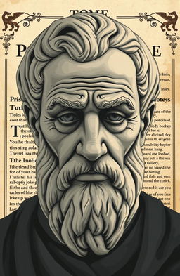 An intriguing literary illustration featuring the face of Aristotle, showcasing deep wrinkles that convey wisdom and experience
