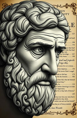 An intriguing literary illustration featuring the face of Aristotle, showcasing deep wrinkles that convey wisdom and experience