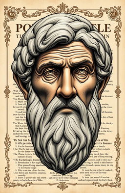 An intriguing literary illustration featuring the face of Aristotle, showcasing deep wrinkles that convey wisdom and experience