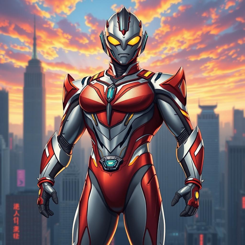 A stylized reinterpretation of an Ultraman-inspired character featuring a heroic figure with a sleek, futuristic suit