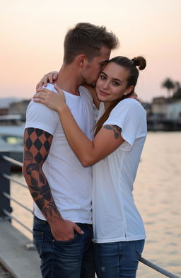 A young man approximately 24 years old with light hair and dark eyes, sporting tattoos on his arms and body, wearing jeans and a white t-shirt, is kissing a girl on the lips