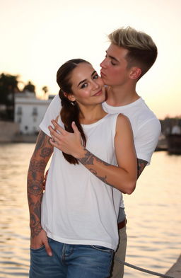 A young man approximately 24 years old with light hair and dark eyes, sporting tattoos on his arms and body, wearing jeans and a white t-shirt, is kissing a girl on the lips