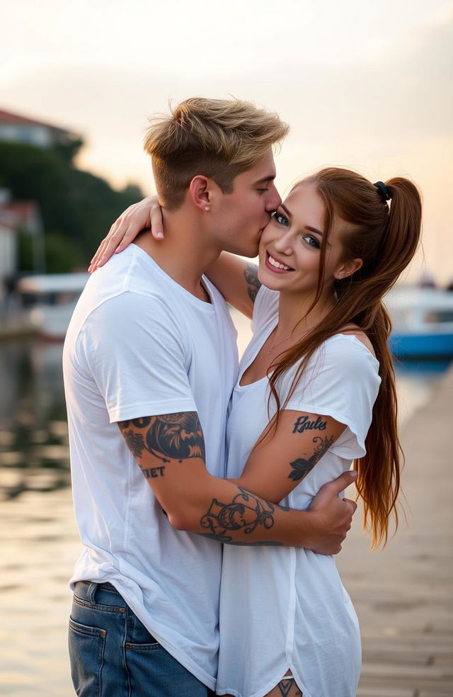 A young man approximately 24 years old with light hair and dark eyes, sporting tattoos on his arms and body, wearing jeans and a white t-shirt, is kissing a girl on the lips