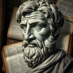 An artistic portrayal of Aristotle's face, emphasizing the deep wrinkles that reflect his wisdom and intellect