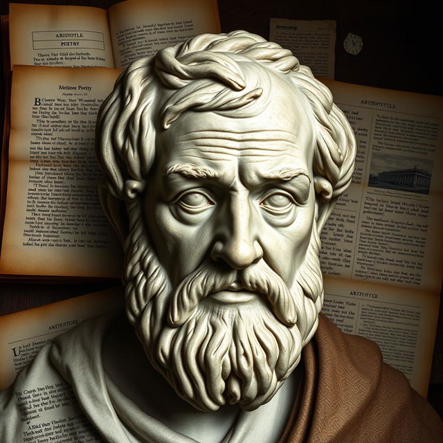 An artistic portrayal of Aristotle's face, emphasizing the deep wrinkles that reflect his wisdom and intellect