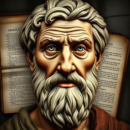 An artistic portrayal of Aristotle's face, emphasizing the deep wrinkles that reflect his wisdom and intellect