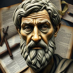 An artistic portrayal of Aristotle's face, emphasizing the deep wrinkles that reflect his wisdom and intellect