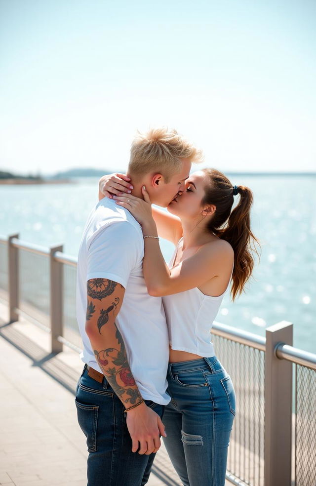 A young couple passionately kissing on a beautiful waterfront promenade