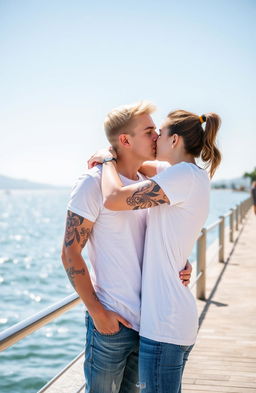 A young couple passionately kissing on a beautiful waterfront promenade
