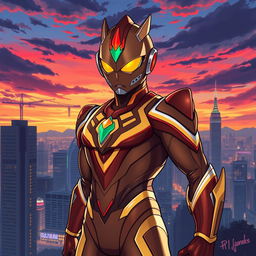 A unique and stylized illustration of an Ultraman-inspired character with brown features