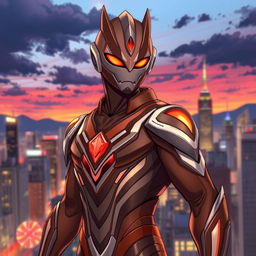 A unique and stylized illustration of an Ultraman-inspired character with brown features