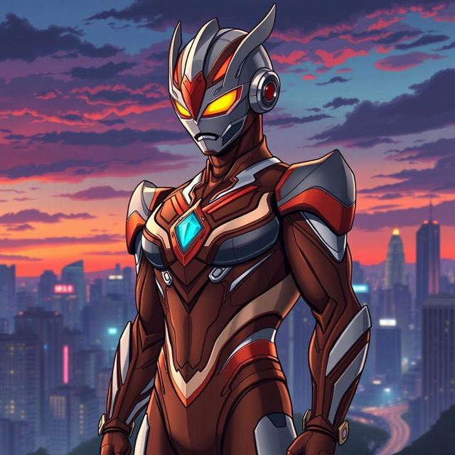 A unique and stylized illustration of an Ultraman-inspired character with brown features