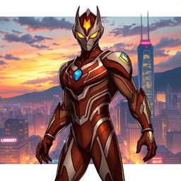A unique and stylized illustration of an Ultraman-inspired character with brown features