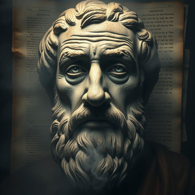 A mystical artistic depiction of Aristotle's face, highlighting deep wrinkles that signify his profound wisdom, shrouded in a gentle mist or fog