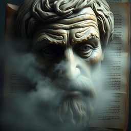 A mystical artistic depiction of Aristotle's face, highlighting deep wrinkles that signify his profound wisdom, shrouded in a gentle mist or fog